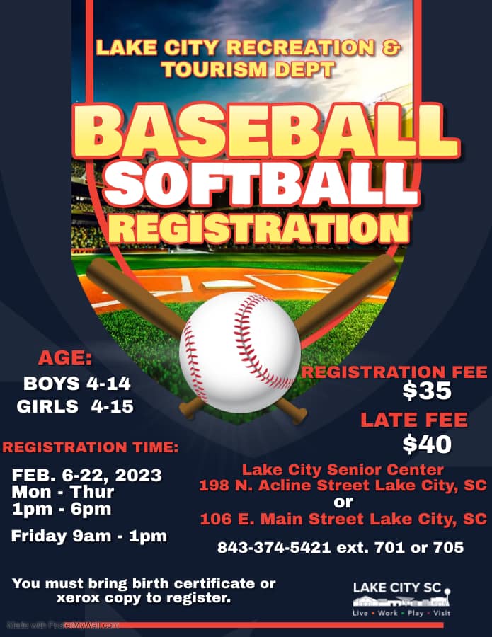 Baseball and softball registration for boys 4-14 and girls 4-15
